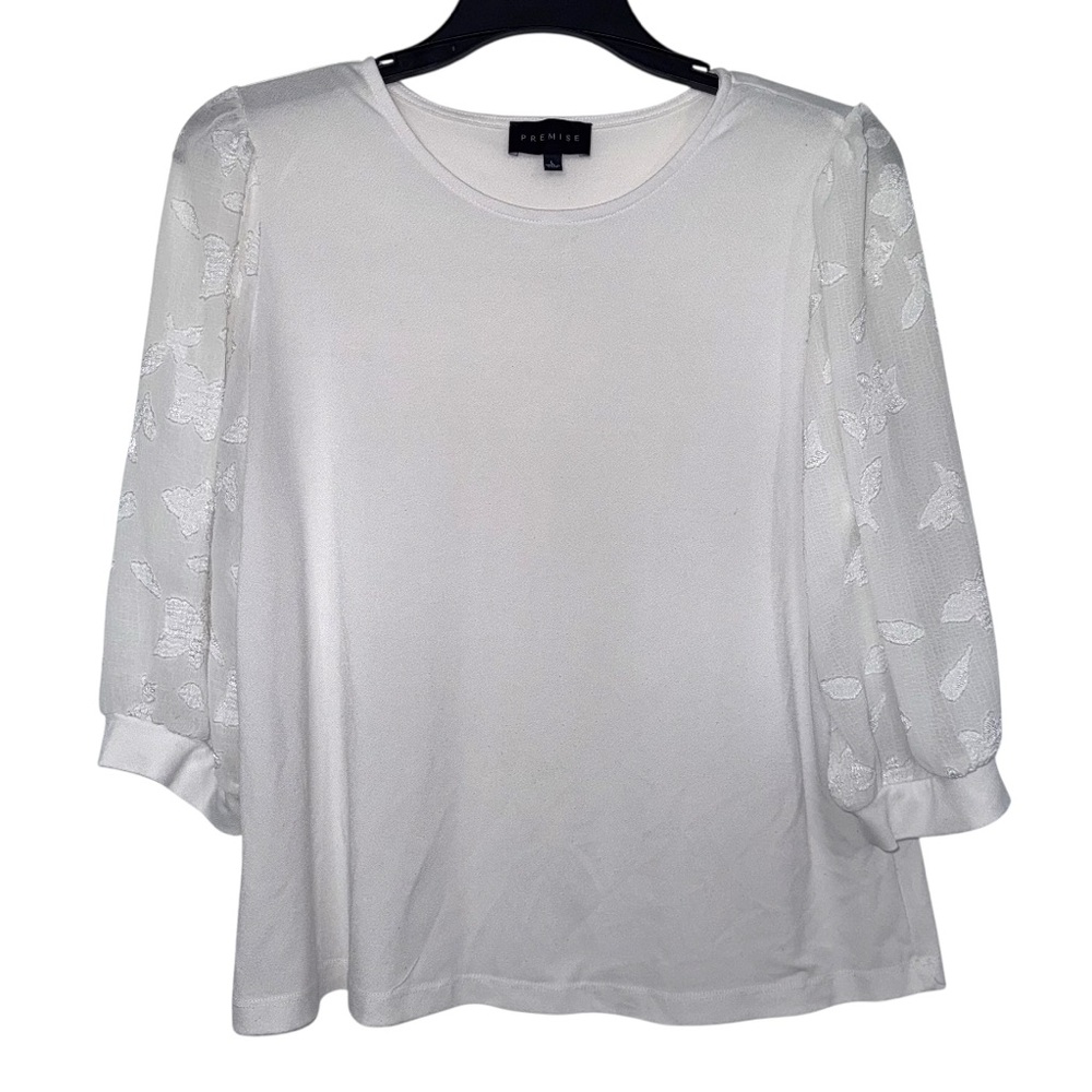 Premise women’s white sheer floral sleeve blouse size Large